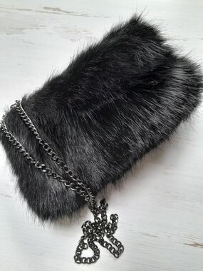 Street Level Black Faux Fur Crossbody with Gunmetal Chain